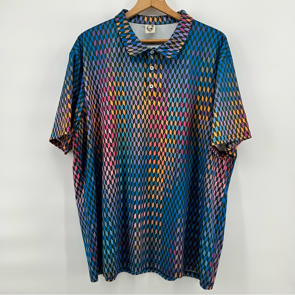 Hardaddy Men’s Polo Geometric‎ Multicolor Pattern Short Sleeve Sz 2XL Golf Loud